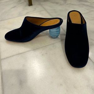 The Row Dark Navy velvet mules with glass heel